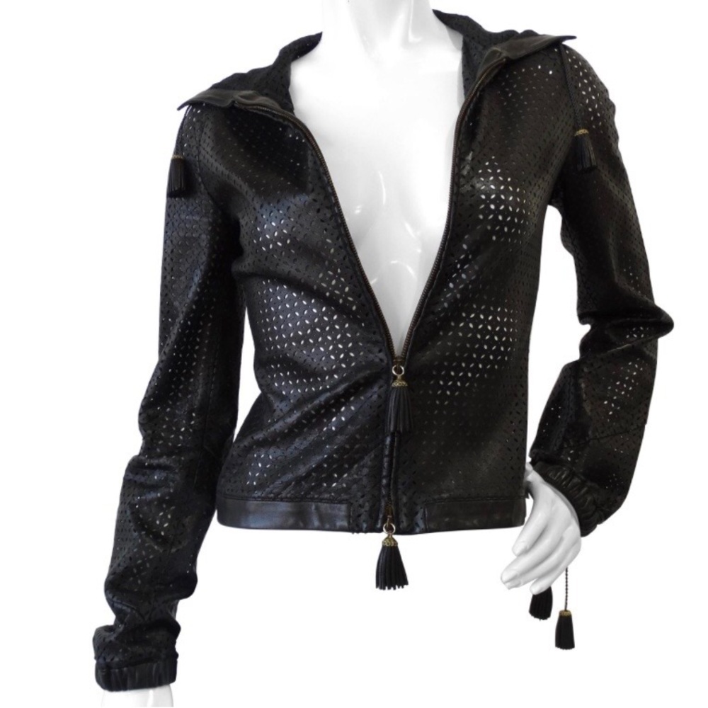 Versace Perforated Leather Jacket with Tassels and Hood